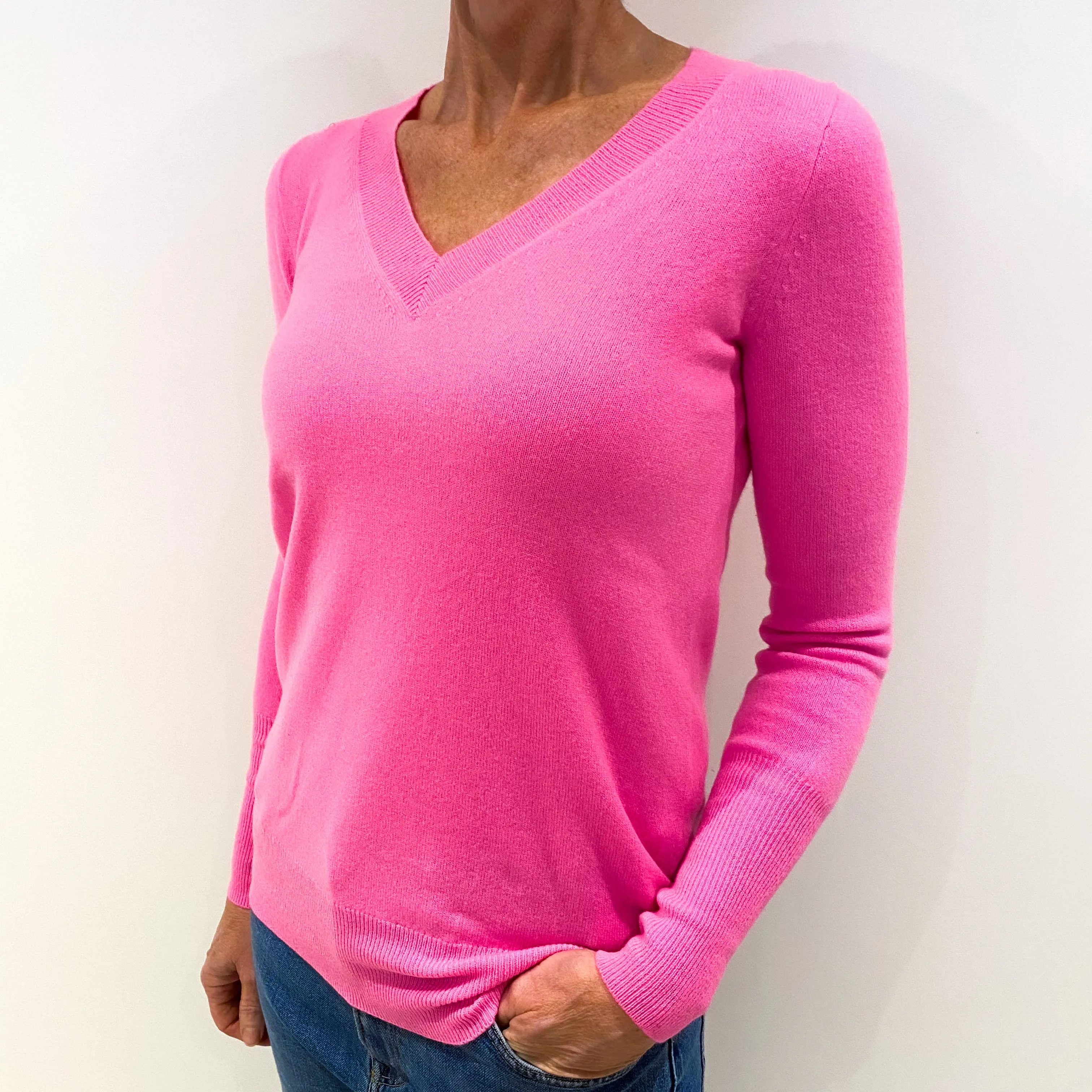 Neon Pink Cashmere V-Neck Jumper Small
