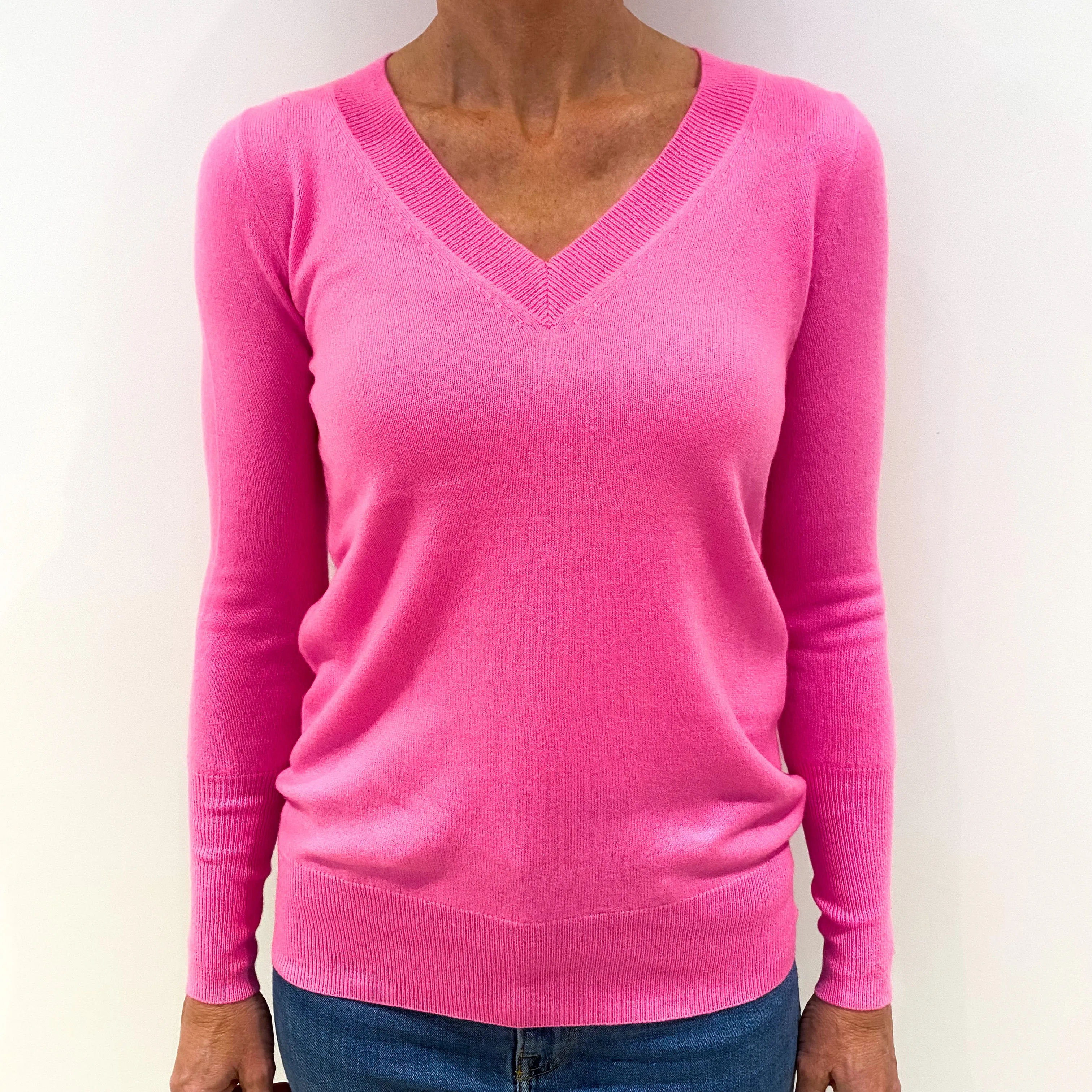 Neon Pink Cashmere V-Neck Jumper Small