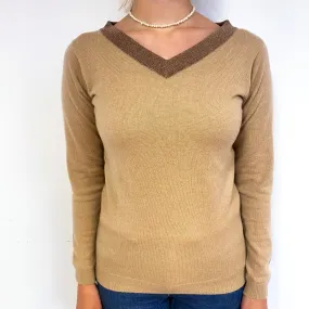 New Scottish Camel Brown Cashmere Sparkly V-Neck Jumper Small