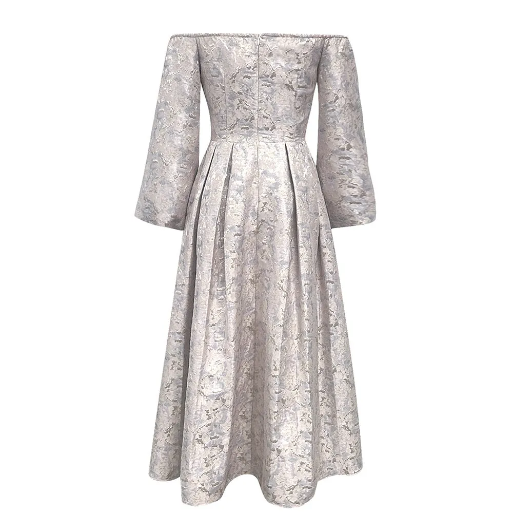 Off Shoulder Long Sleeve Jacquard Cocktail Evening Dress