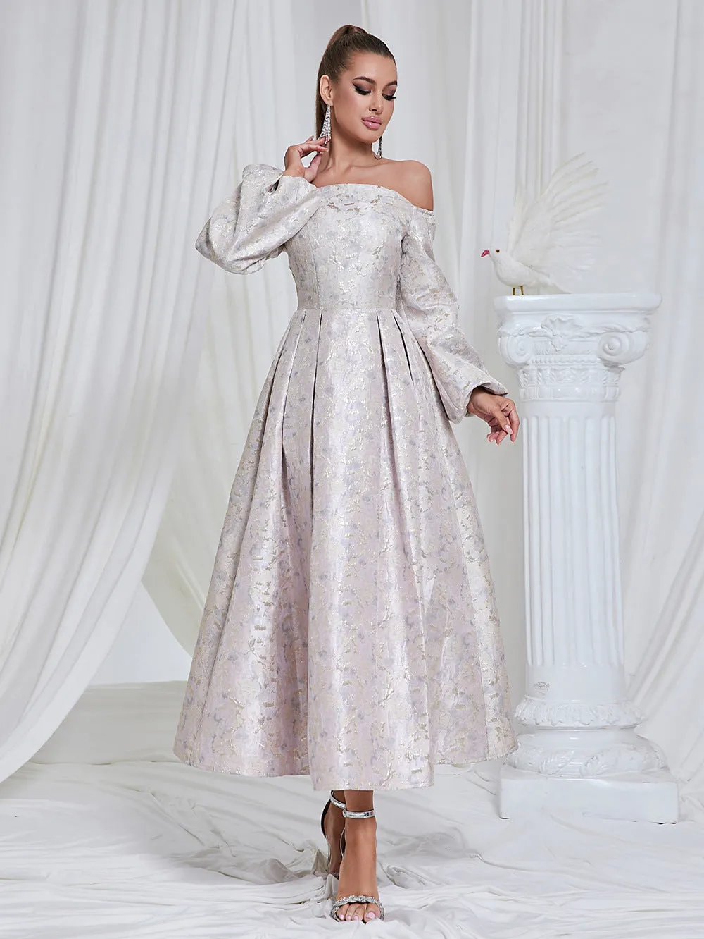 Off Shoulder Long Sleeve Jacquard Cocktail Evening Dress