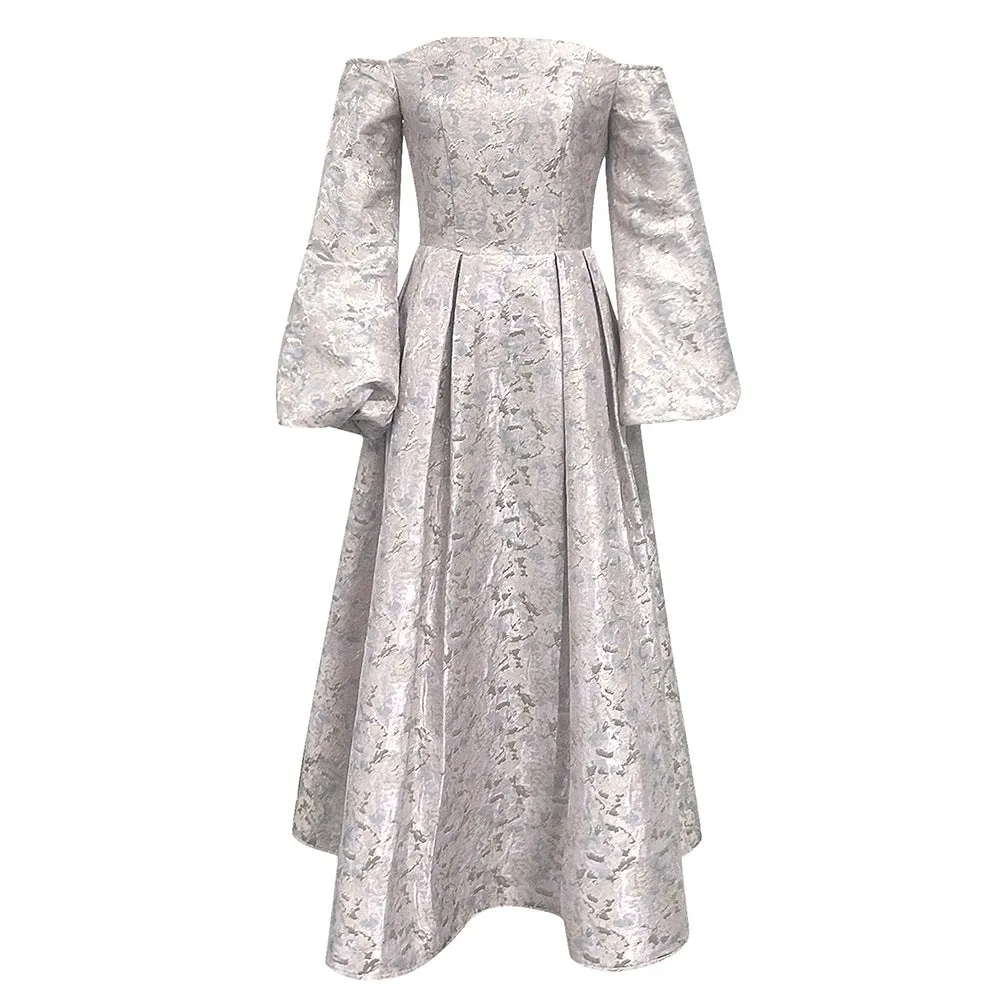 Off Shoulder Long Sleeve Jacquard Cocktail Evening Dress