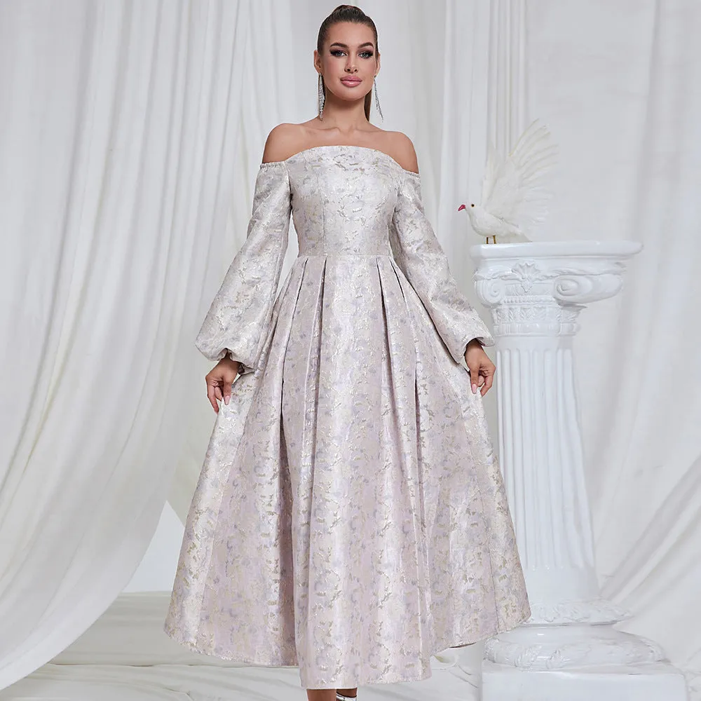 Off Shoulder Long Sleeve Jacquard Cocktail Evening Dress