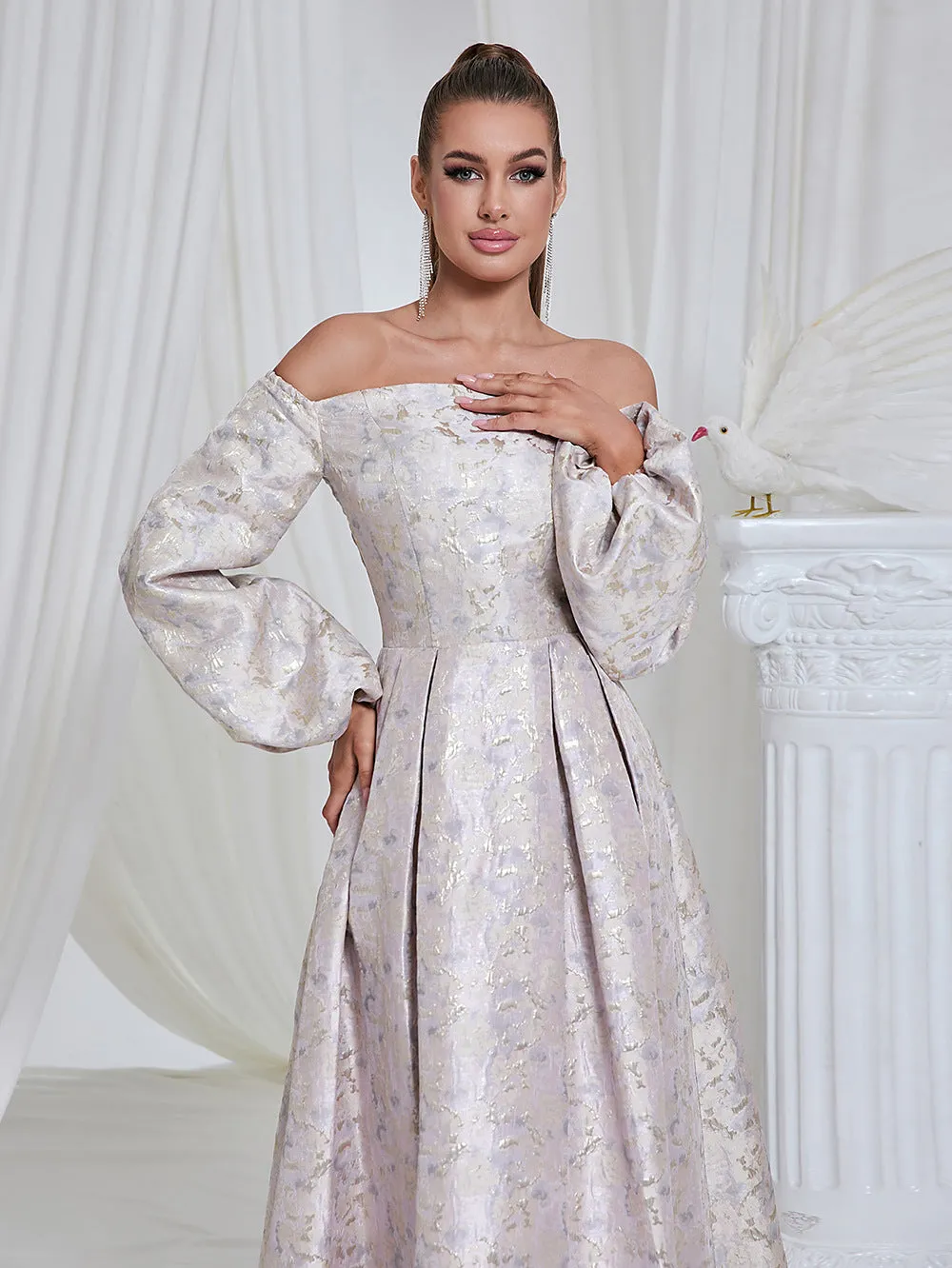 Off Shoulder Long Sleeve Jacquard Cocktail Evening Dress