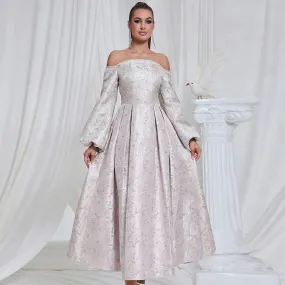 Off Shoulder Long Sleeve Jacquard Cocktail Evening Dress