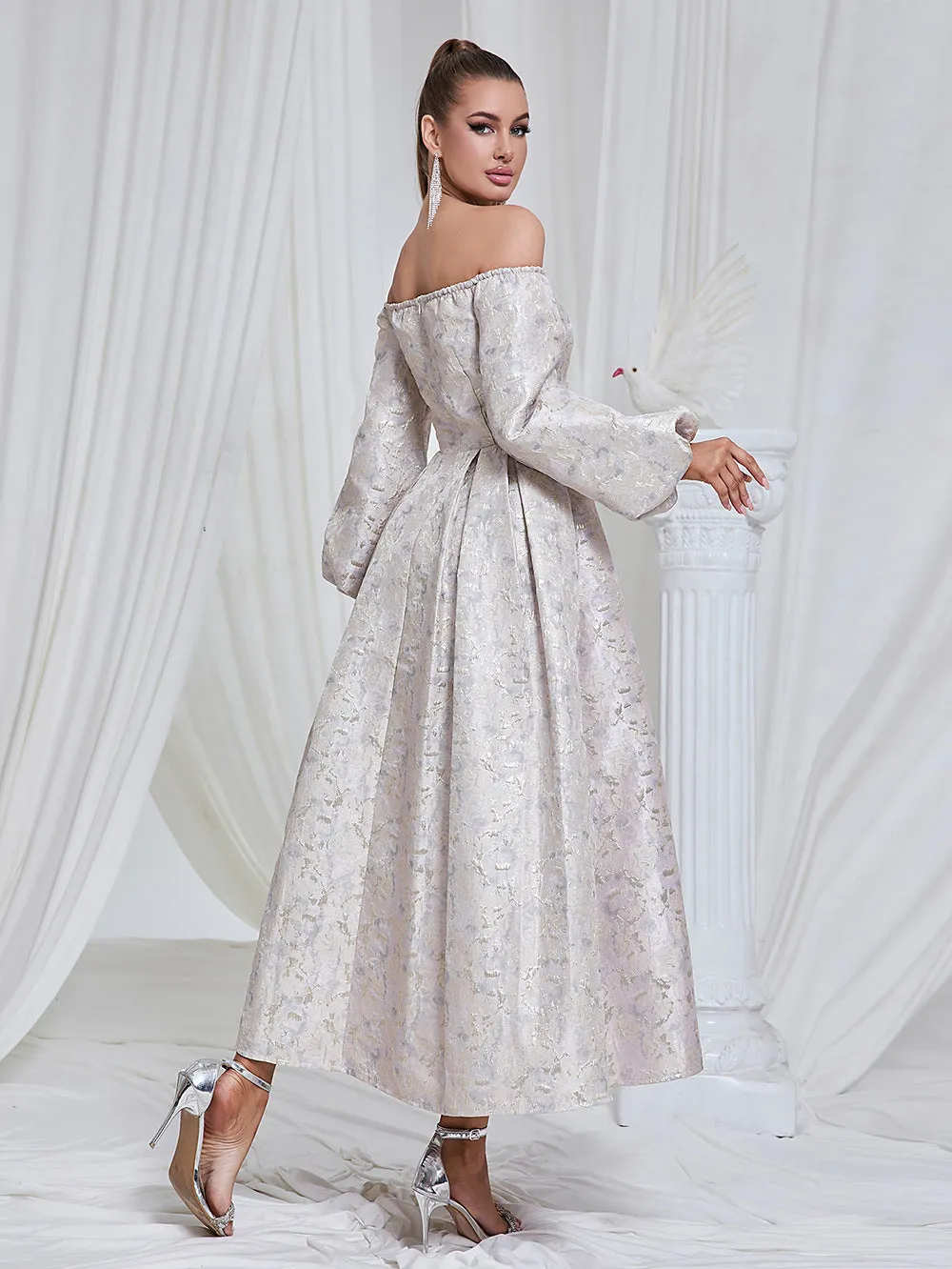 Off Shoulder Long Sleeve Jacquard Cocktail Evening Dress