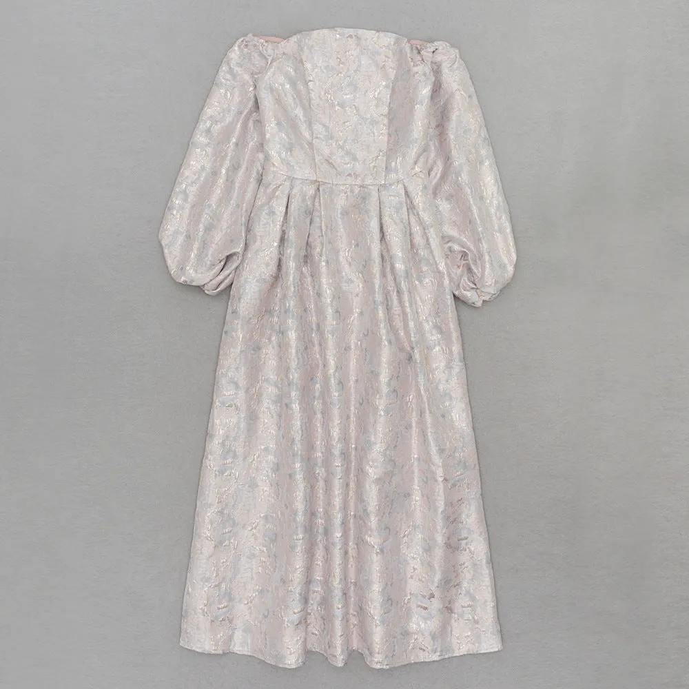 Off Shoulder Long Sleeve Jacquard Cocktail Evening Dress