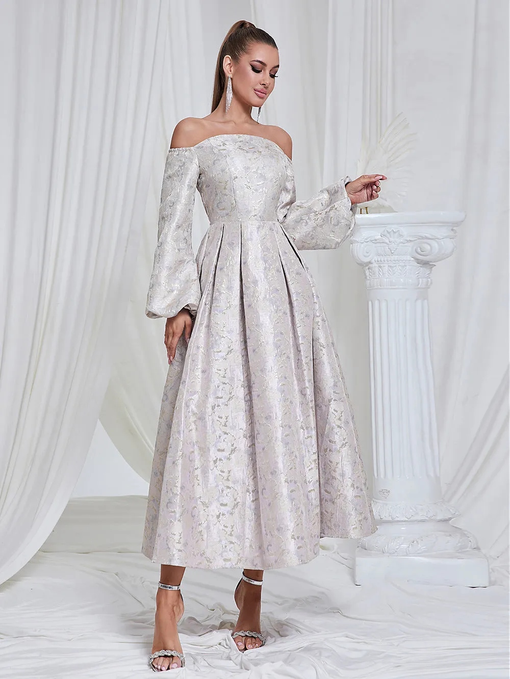 Off Shoulder Long Sleeve Jacquard Cocktail Evening Dress