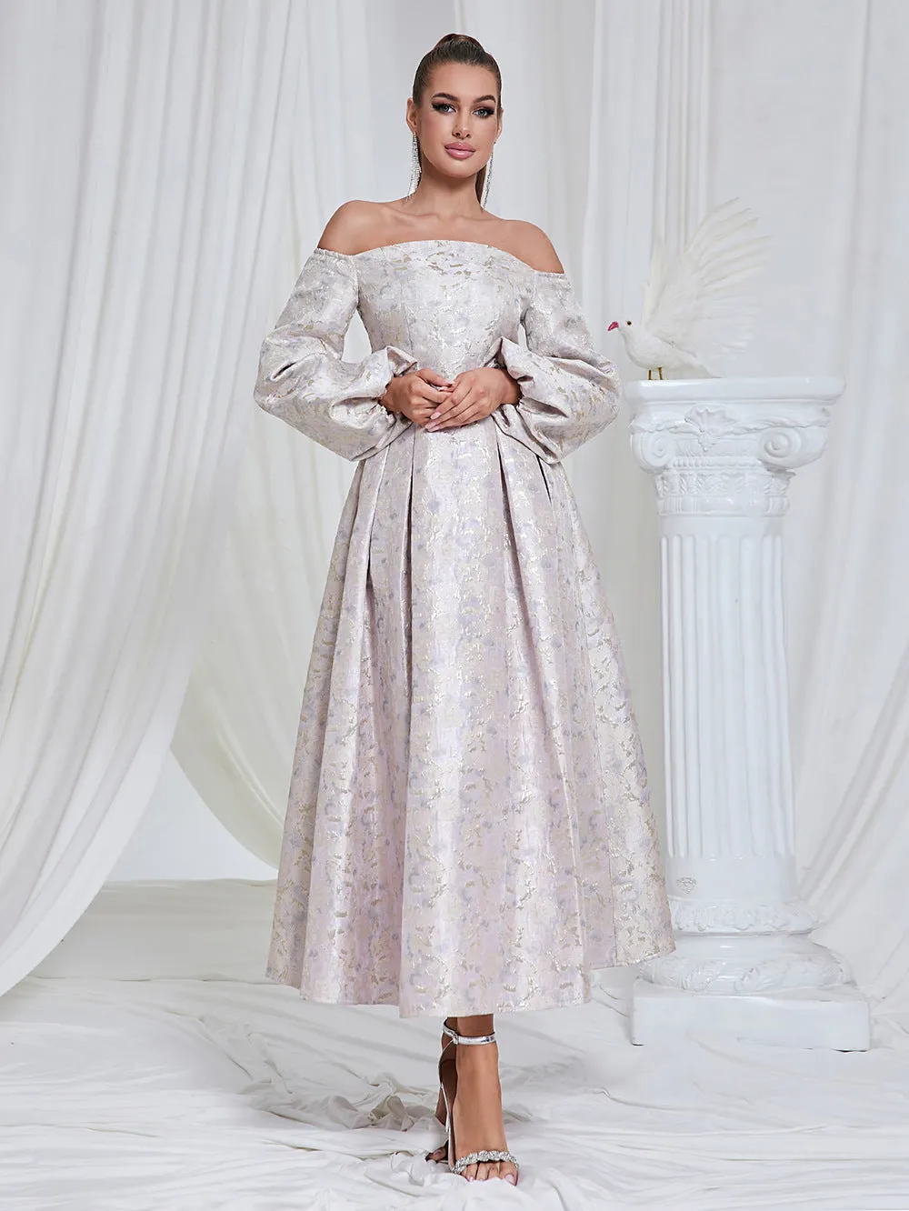 Off Shoulder Long Sleeve Jacquard Cocktail Evening Dress