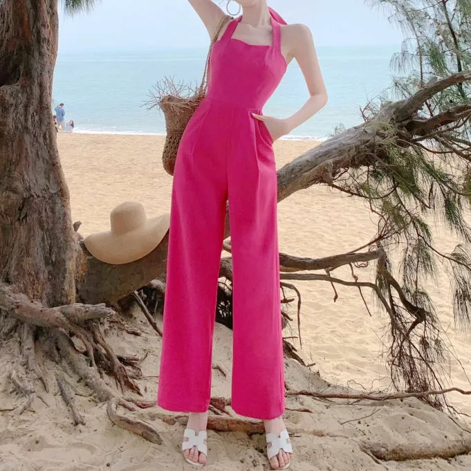 Open Back Tie Pocket Rose Red Wide-Leg Jumpsuit