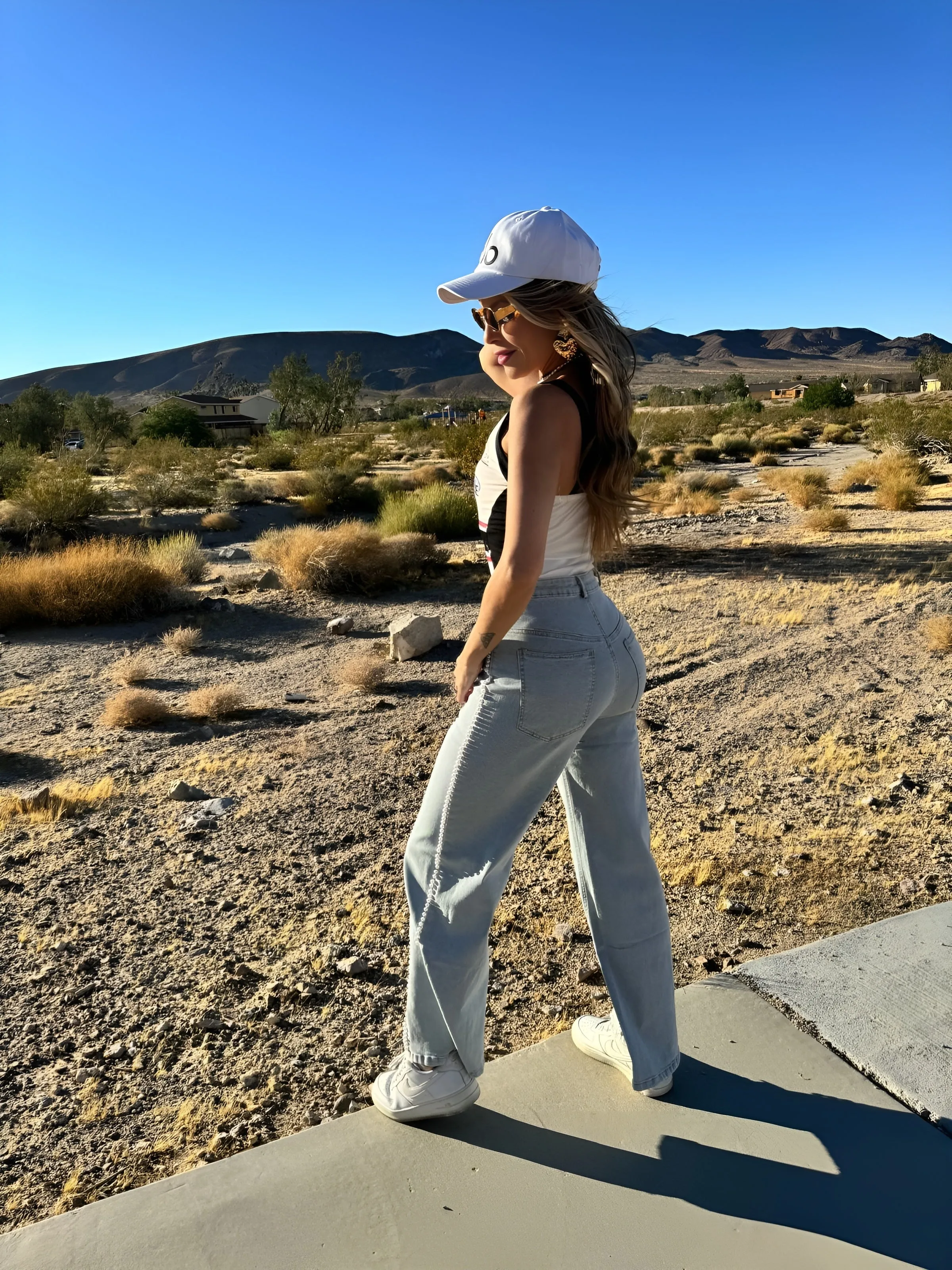 Pearls on denim pants