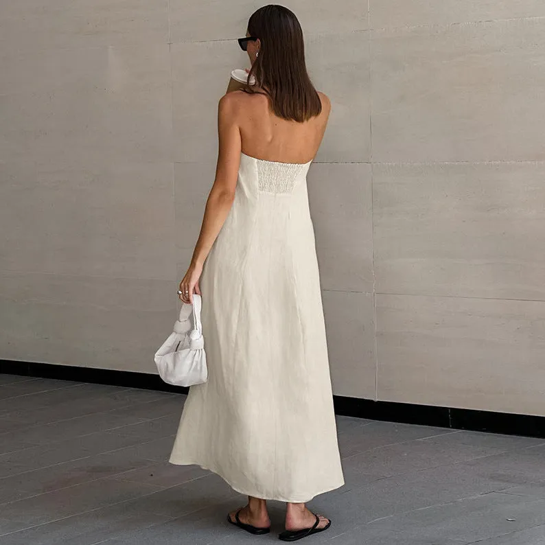 Phaedra  - Women's Strapless Beige Maxi Dress