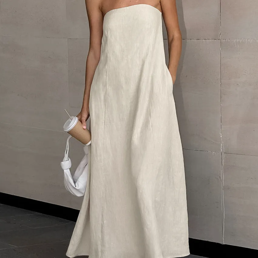 Phaedra  - Women's Strapless Beige Maxi Dress