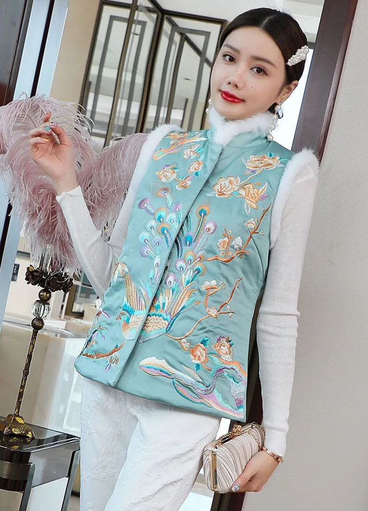 Phoenix & Floral Embroidery Chinese Style Wadded Waistcoat Vest