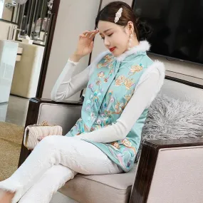Phoenix & Floral Embroidery Chinese Style Wadded Waistcoat Vest