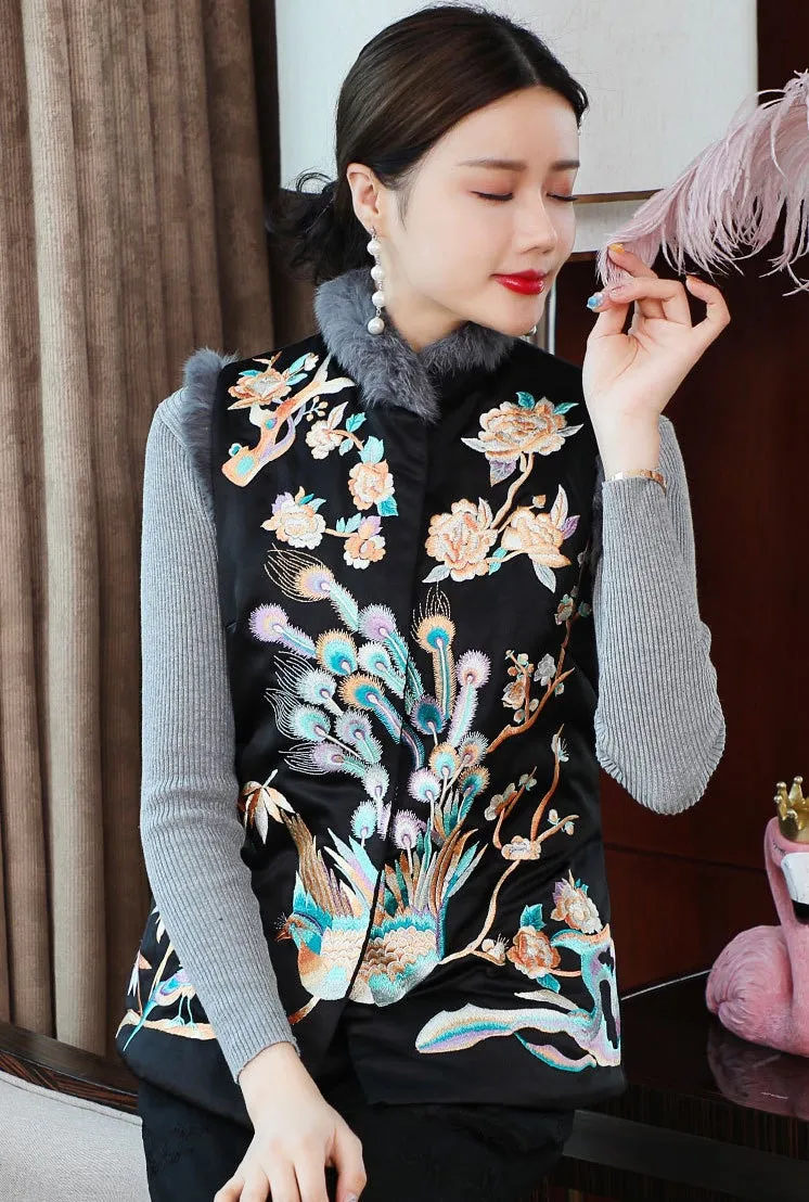 Phoenix & Floral Embroidery Chinese Style Wadded Waistcoat Vest