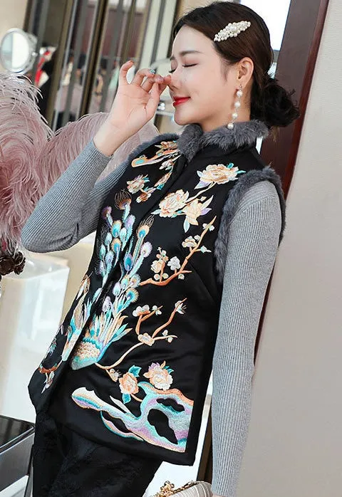 Phoenix & Floral Embroidery Chinese Style Wadded Waistcoat Vest