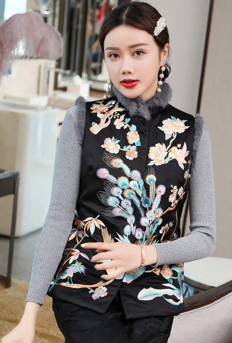 Phoenix & Floral Embroidery Chinese Style Wadded Waistcoat Vest
