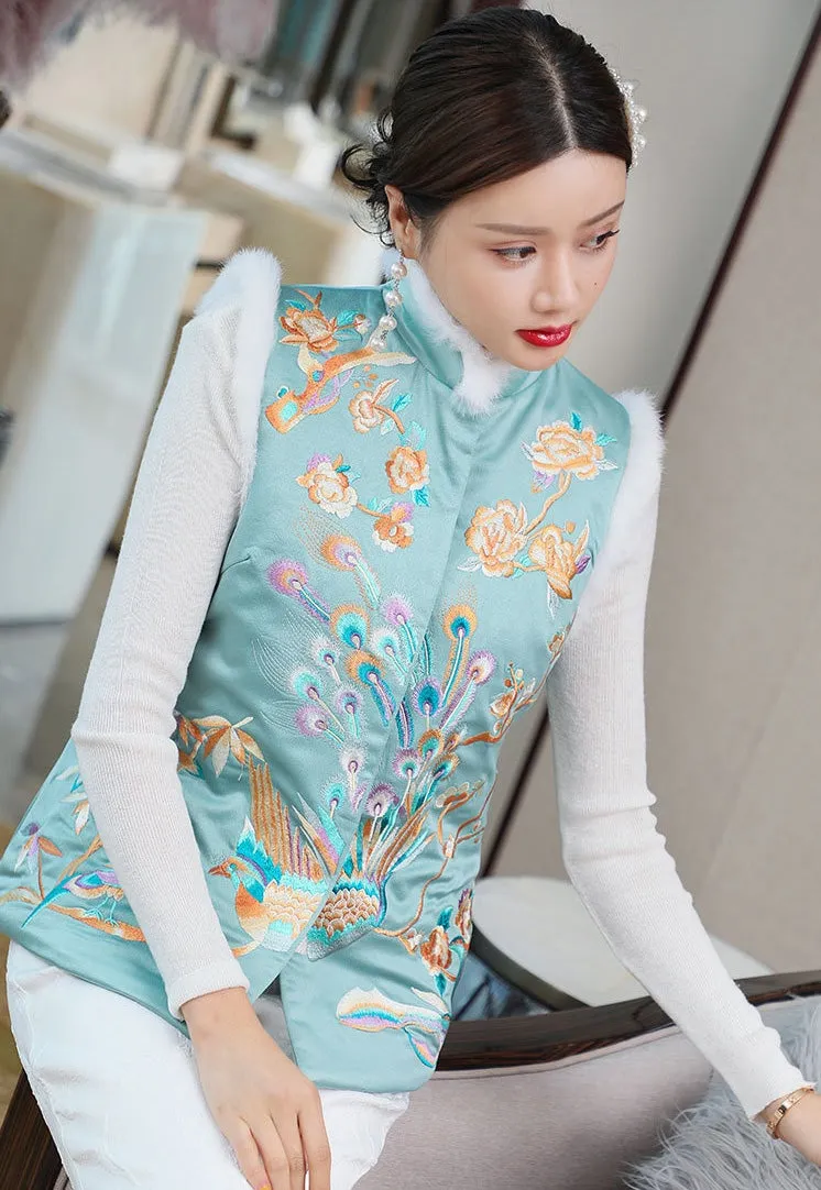 Phoenix & Floral Embroidery Chinese Style Wadded Waistcoat Vest