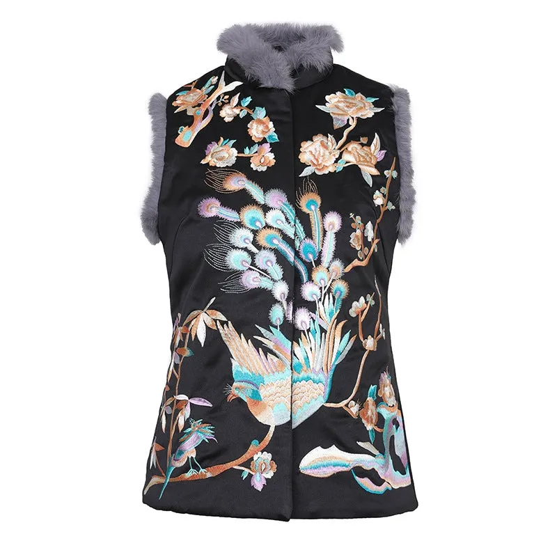 Phoenix & Floral Embroidery Chinese Style Wadded Waistcoat Vest