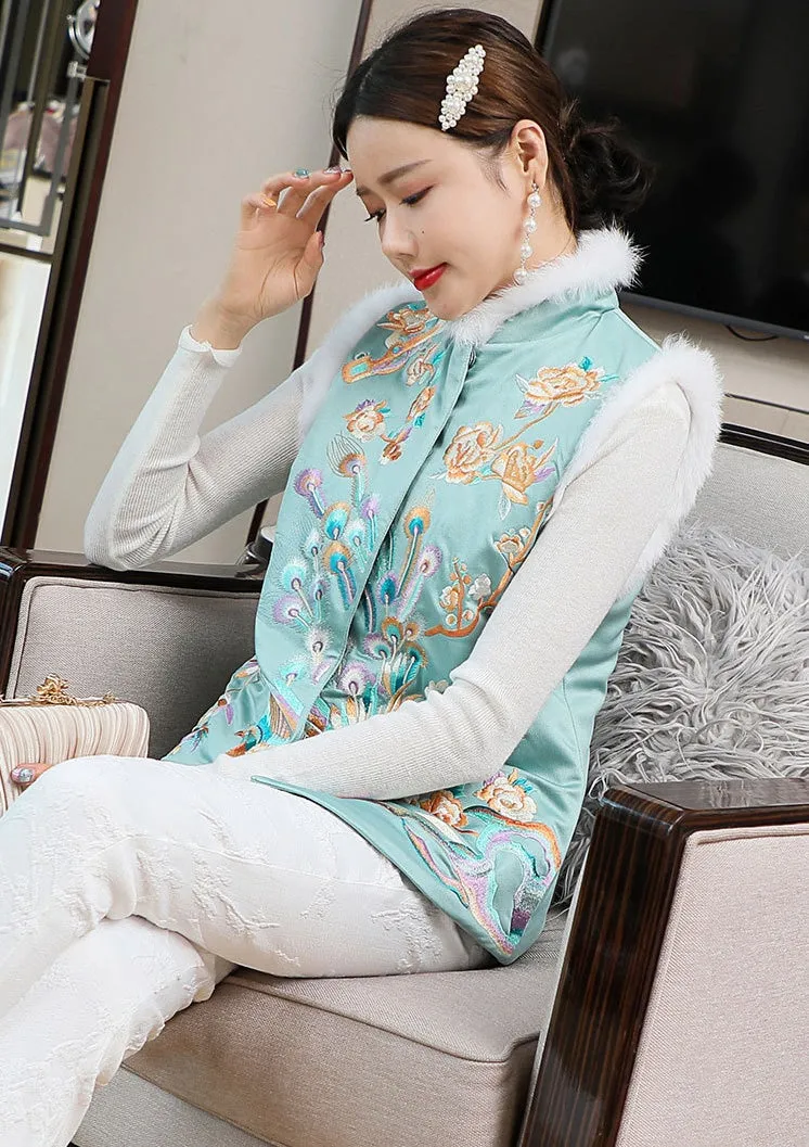 Phoenix & Floral Embroidery Chinese Style Wadded Waistcoat Vest