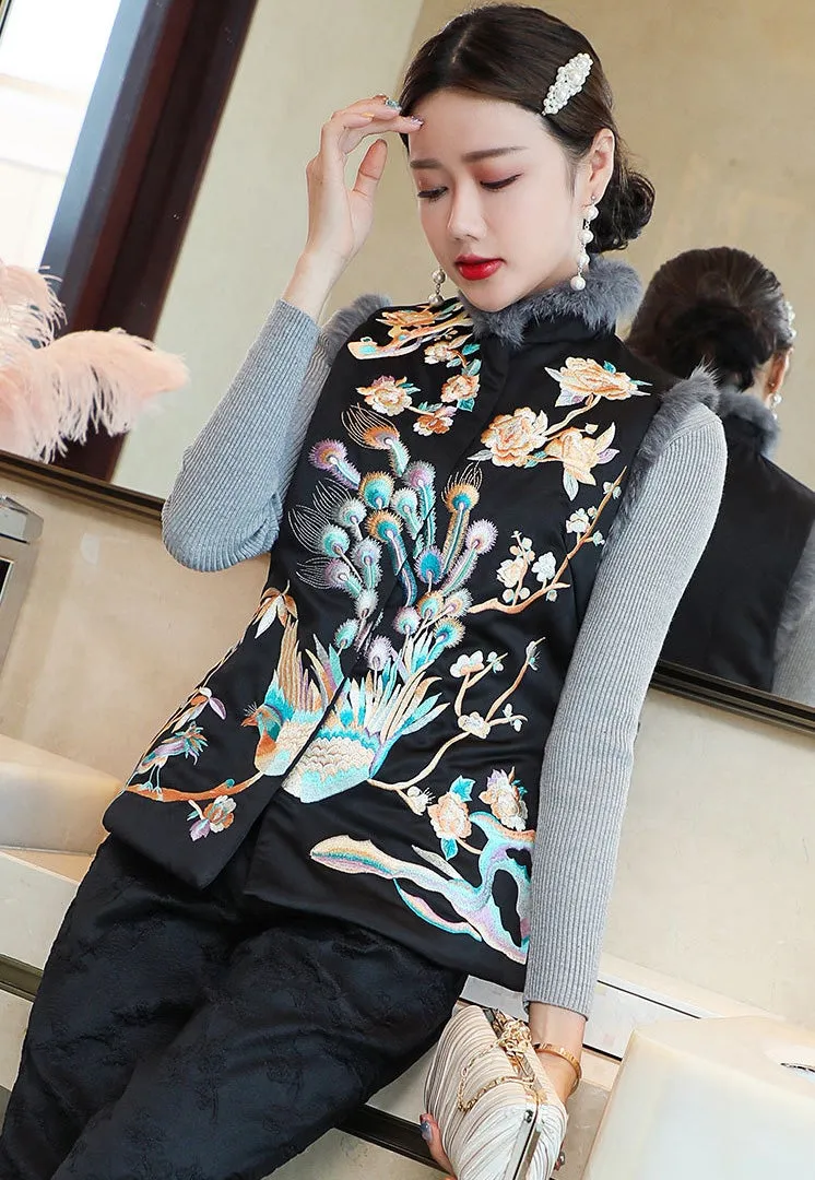 Phoenix & Floral Embroidery Chinese Style Wadded Waistcoat Vest