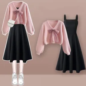 Pink Bow Knot V-neck Cardigan Sweater Slip Dress Set