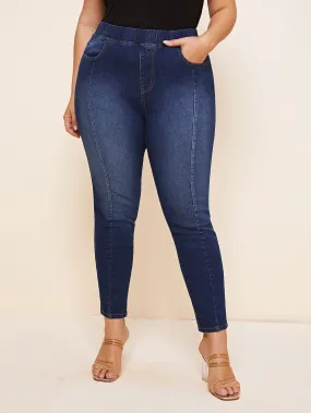 Plain Shirred Drop Waist Long Plus Size Jeans