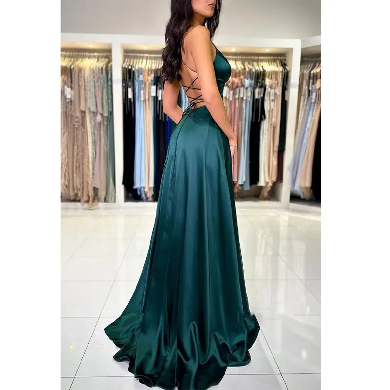 Plunging V-neck Green Blue Elastic Satin Formal Dress with Slit