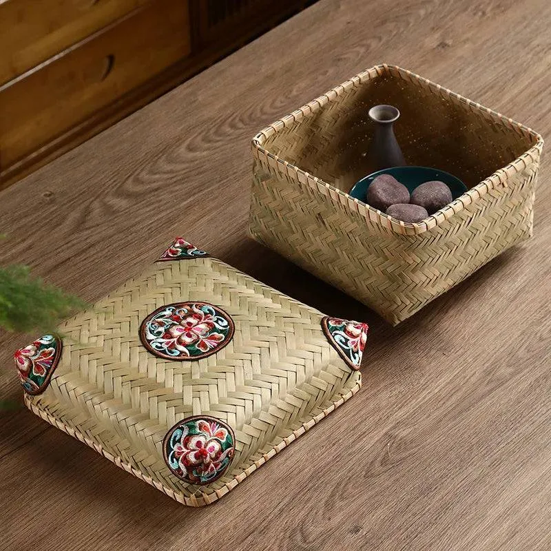 Premium Hand-Woven Bamboo Storage Box - Elegant Square Tea Set & Snack Organizer with Lid