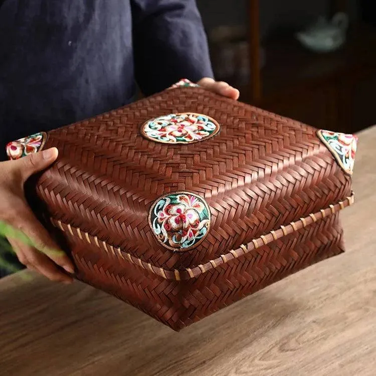 Premium Hand-Woven Bamboo Storage Box - Elegant Square Tea Set & Snack Organizer with Lid