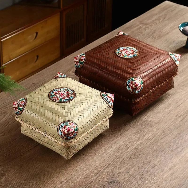 Premium Hand-Woven Bamboo Storage Box - Elegant Square Tea Set & Snack Organizer with Lid