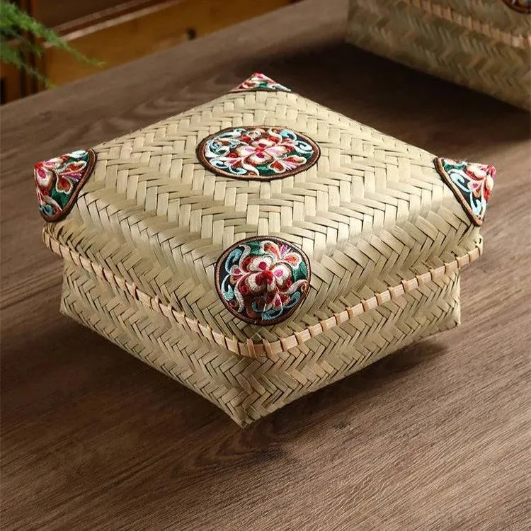 Premium Hand-Woven Bamboo Storage Box - Elegant Square Tea Set & Snack Organizer with Lid