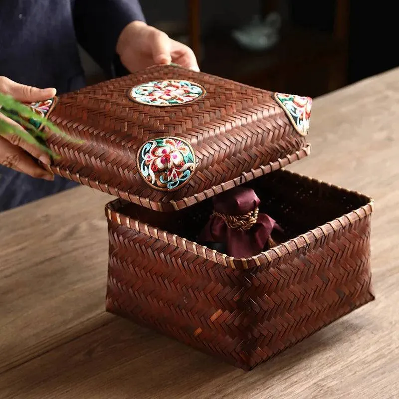 Premium Hand-Woven Bamboo Storage Box - Elegant Square Tea Set & Snack Organizer with Lid