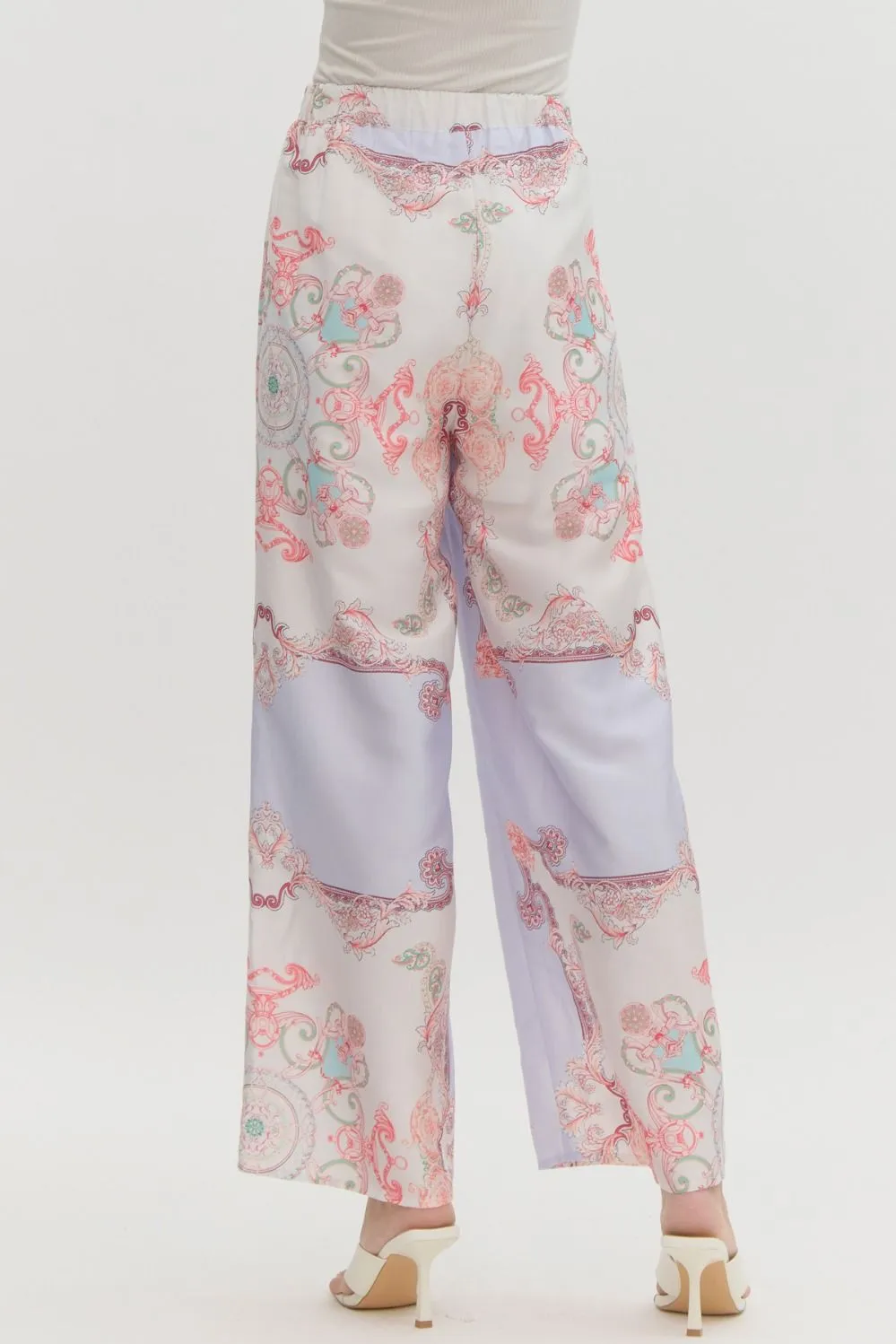 print satin high waist wide leg pants