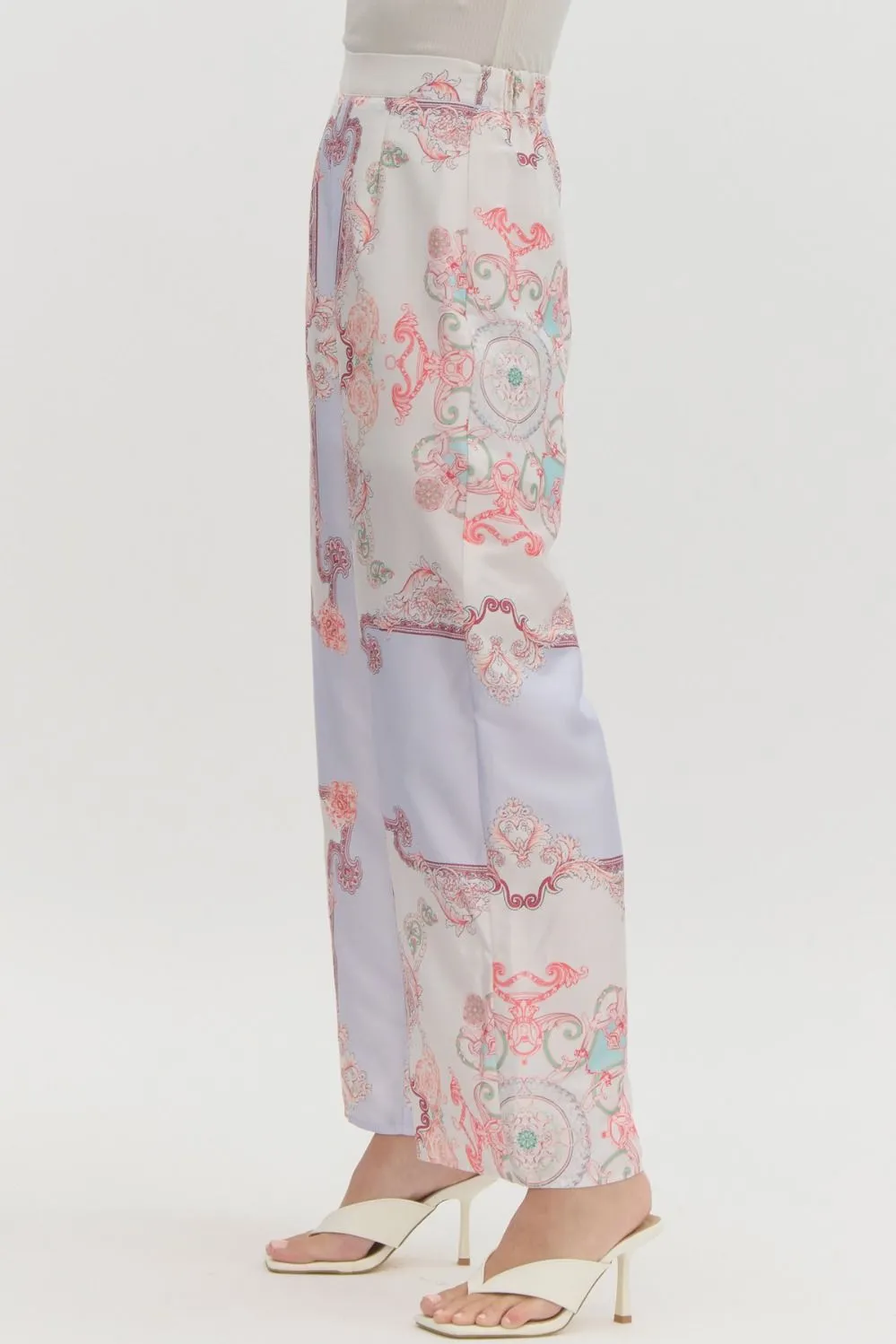 print satin high waist wide leg pants