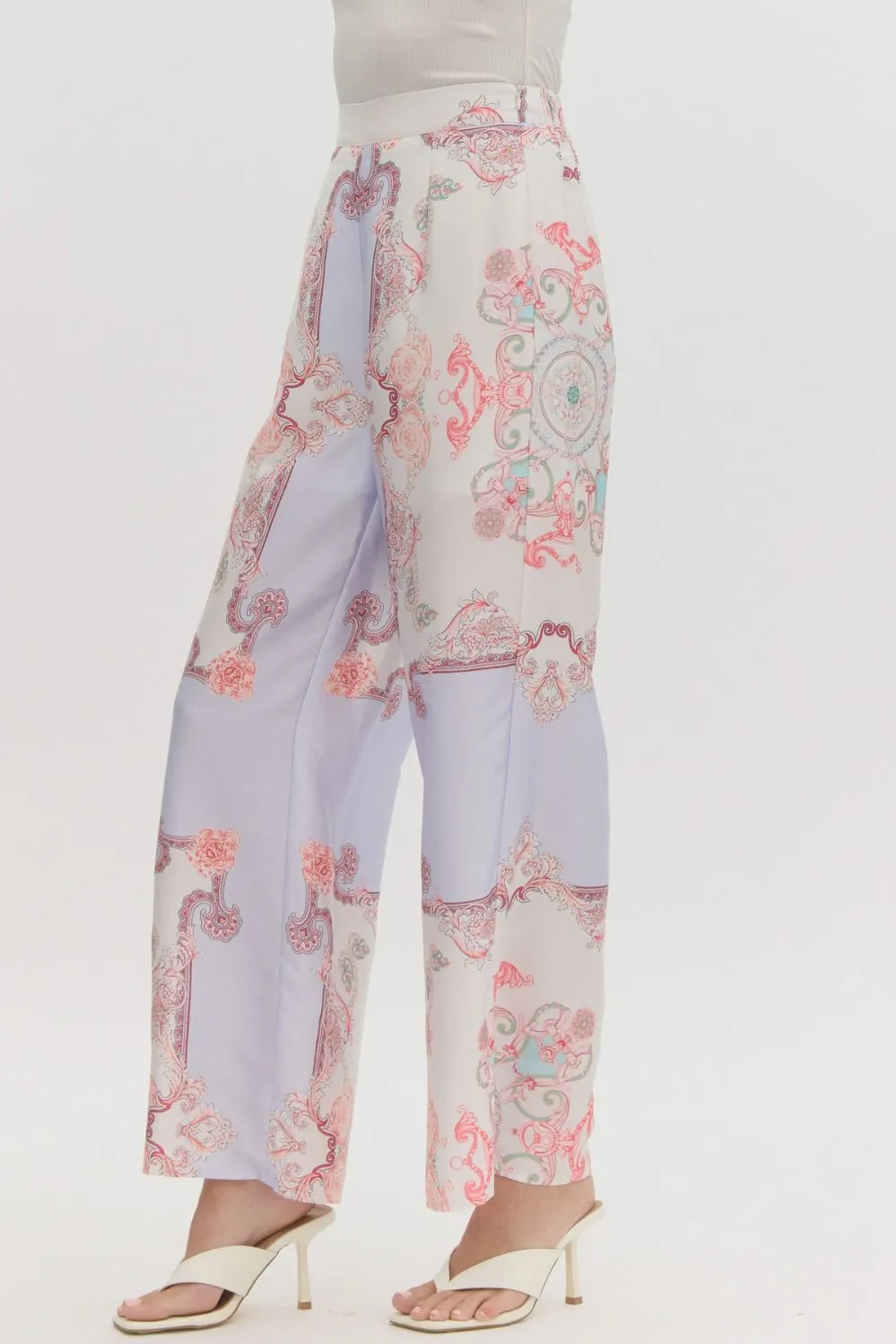 print satin high waist wide leg pants