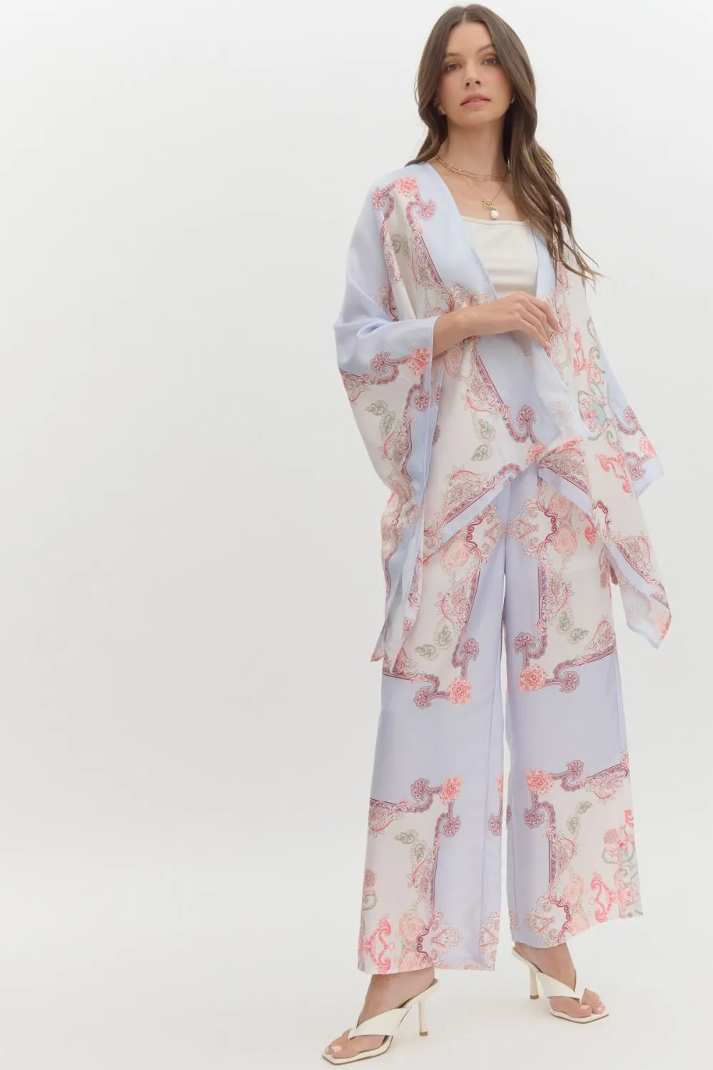 print satin high waist wide leg pants