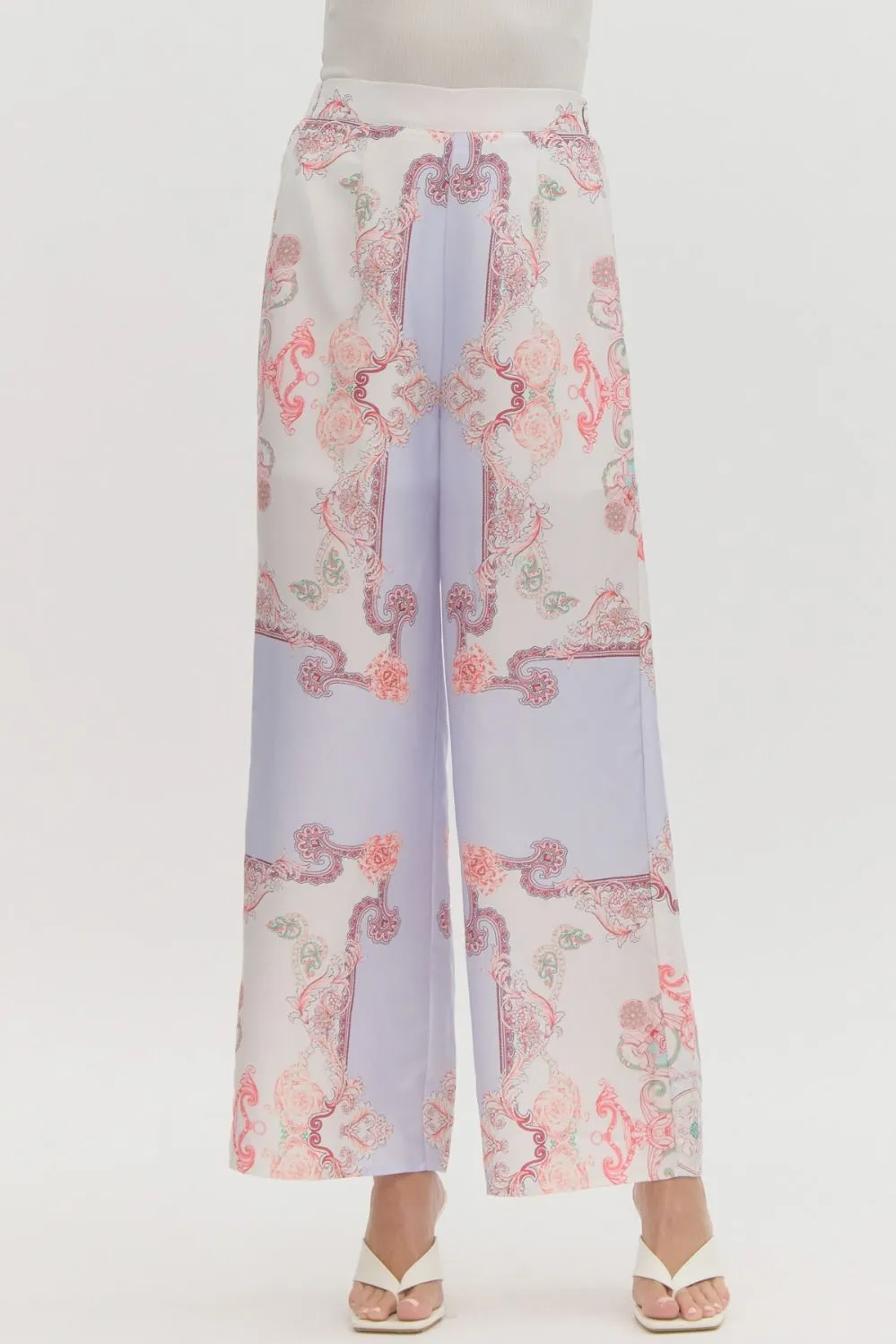 print satin high waist wide leg pants
