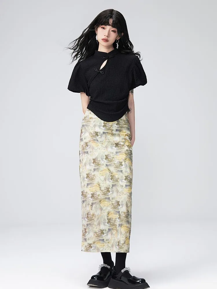 Puff-sleeve Flower Retro Blouse＆Pencil-Skirt