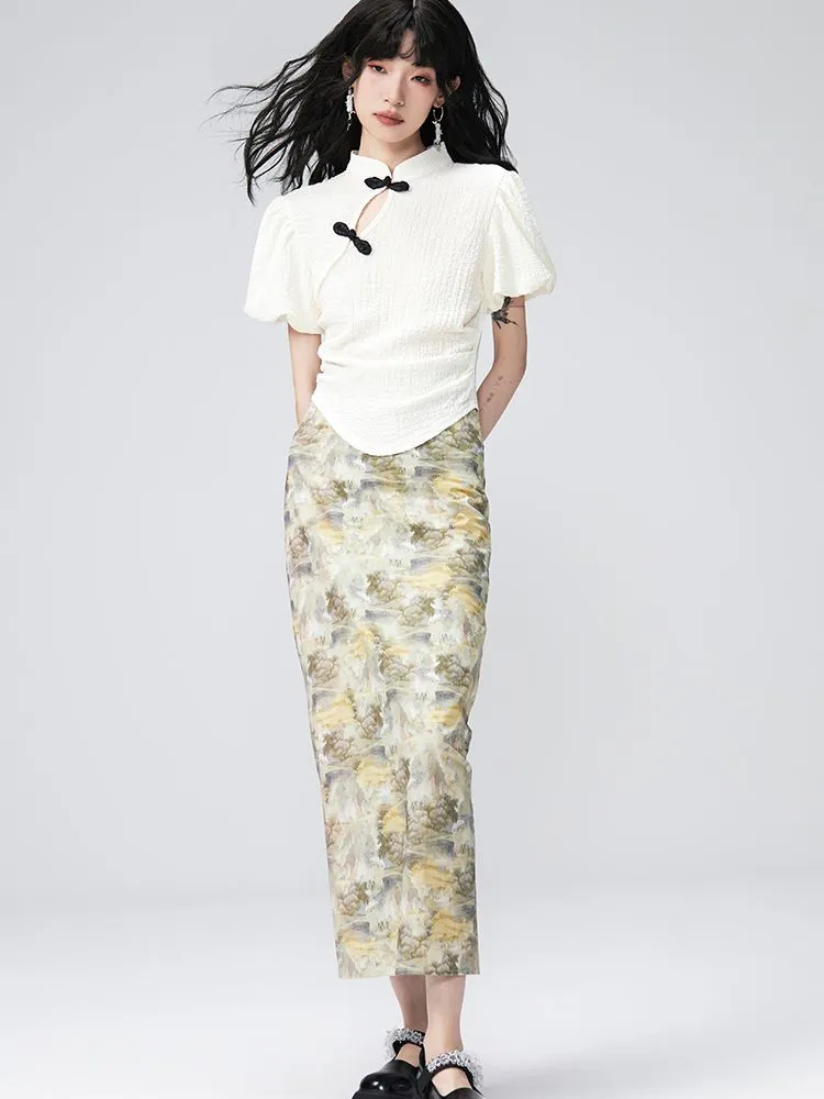 Puff-sleeve Flower Retro Blouse＆Pencil-Skirt