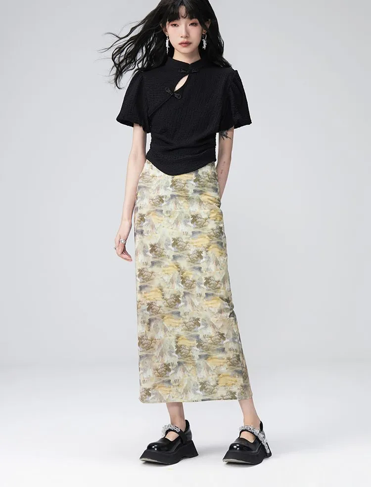 Puff-sleeve Flower Retro Blouse＆Pencil-Skirt