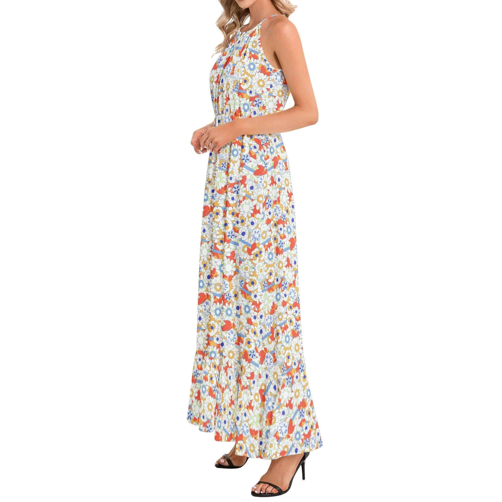 Retro Patterned Ruffle Hem Halter Neck Maxi Dress