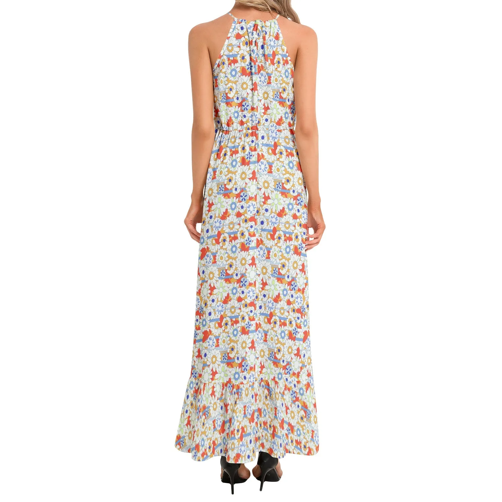 Retro Patterned Ruffle Hem Halter Neck Maxi Dress