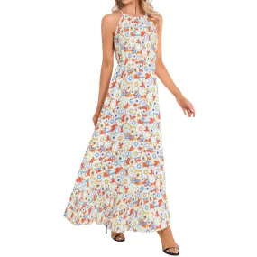 Retro Patterned Ruffle Hem Halter Neck Maxi Dress