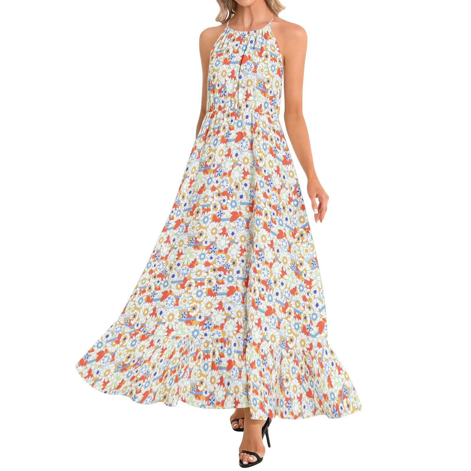 Retro Patterned Ruffle Hem Halter Neck Maxi Dress