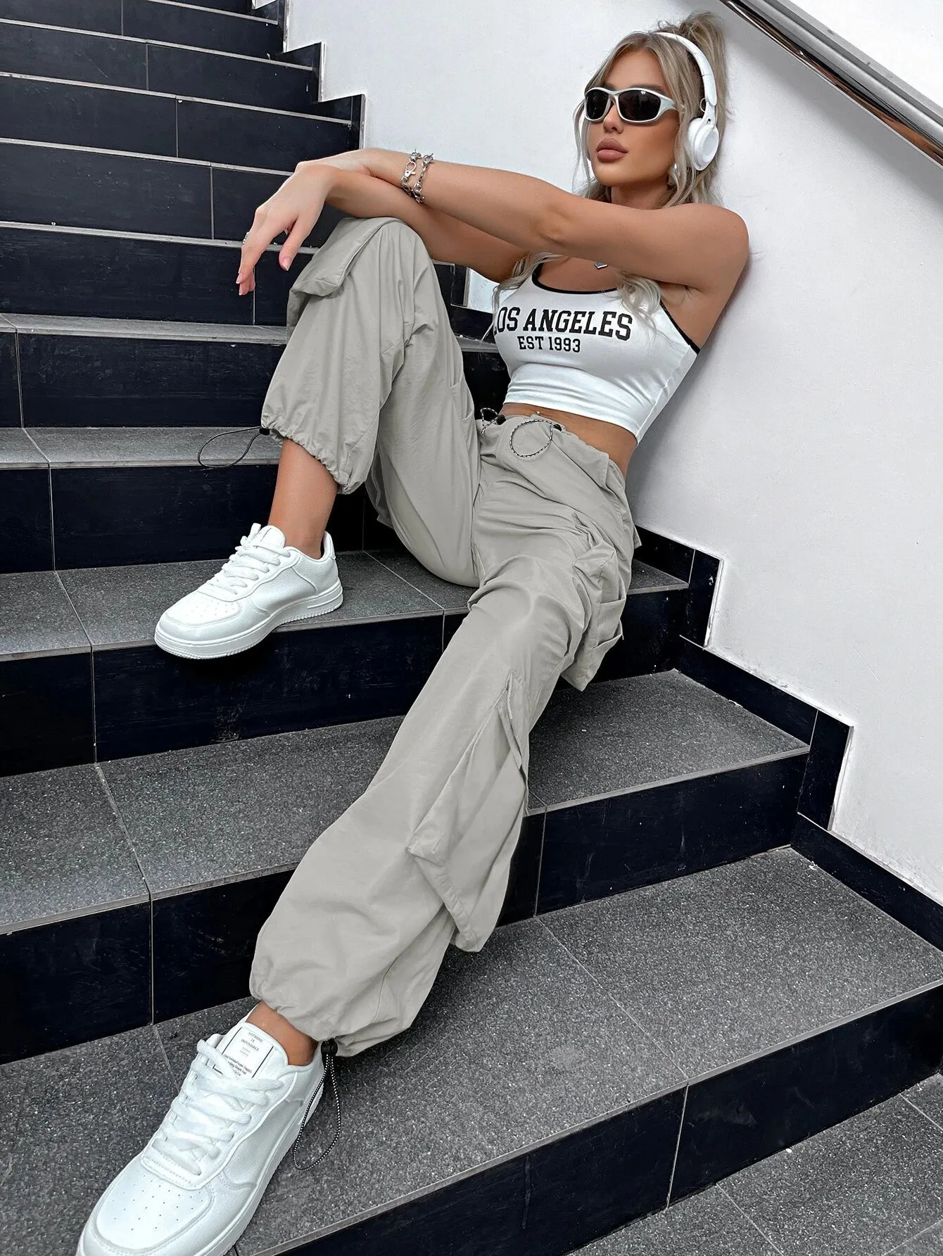 Ruched Cargo Parachute Pants