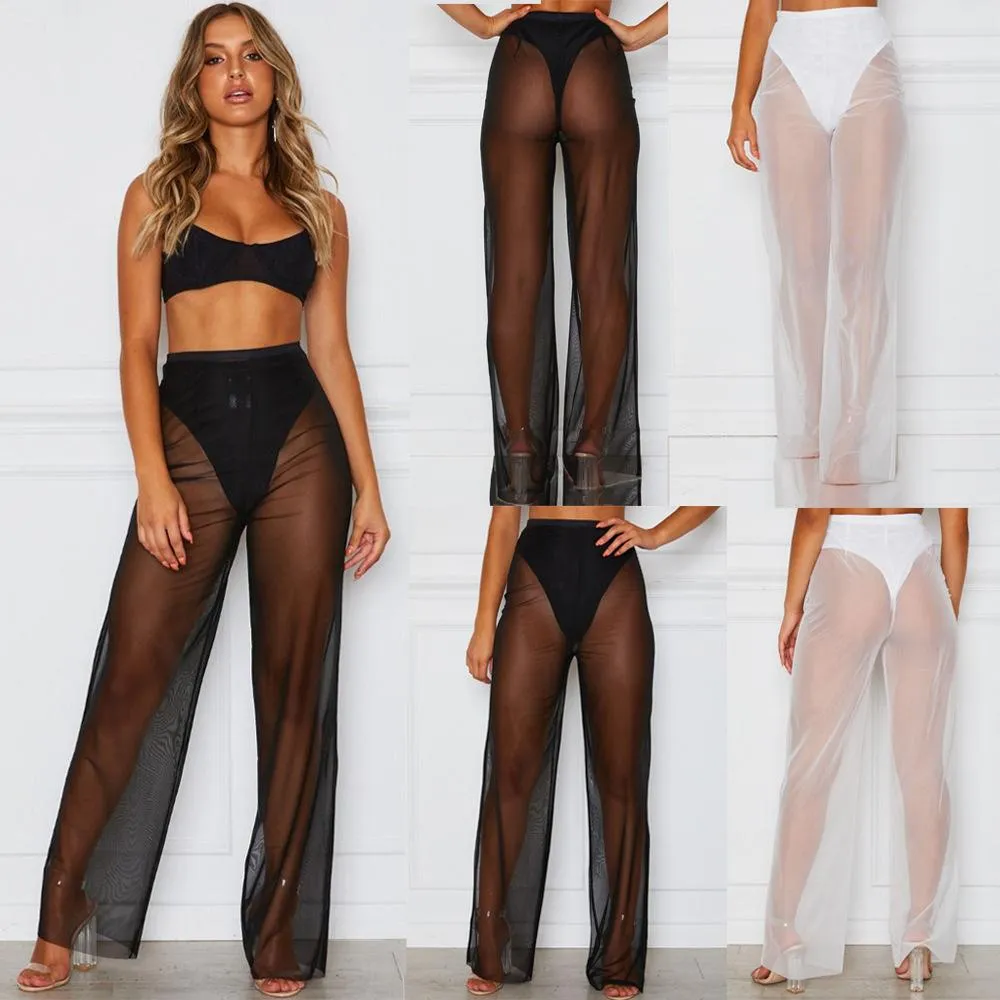 Sexy Wide Leg High Waist Mesh Sheer Pants