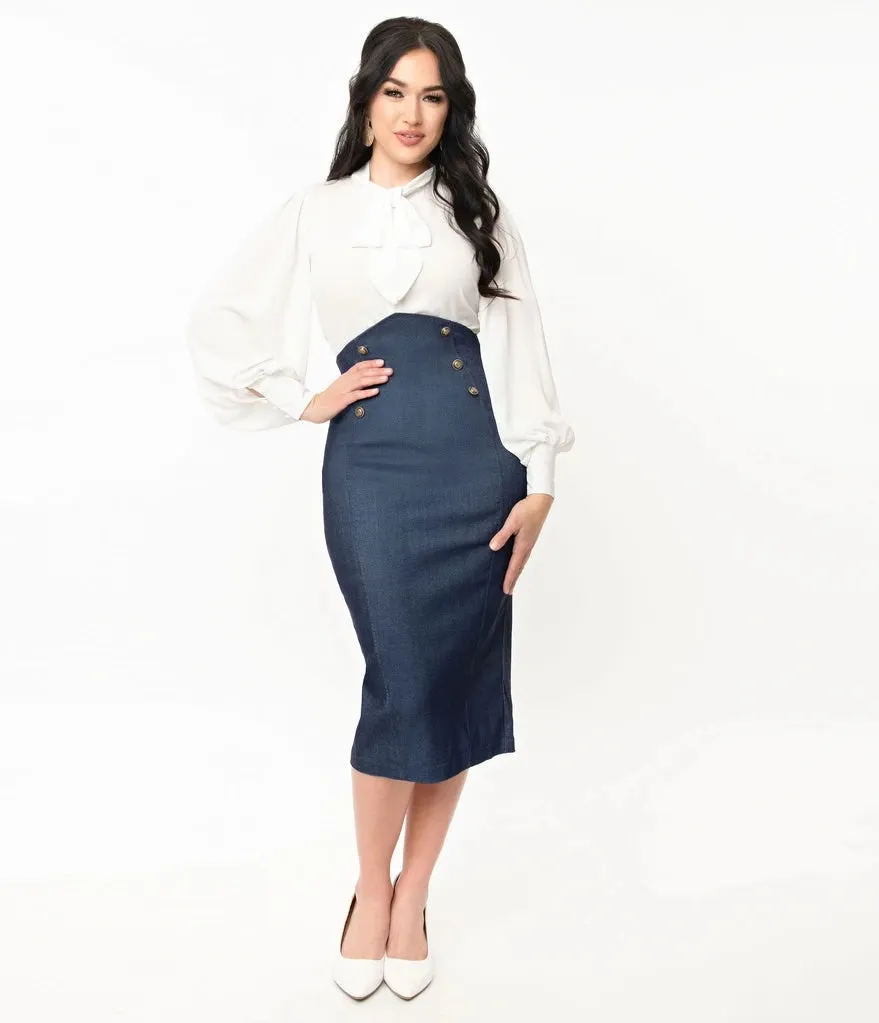 Sierra Denim Blue High Waist Sailor Pencil Skirt