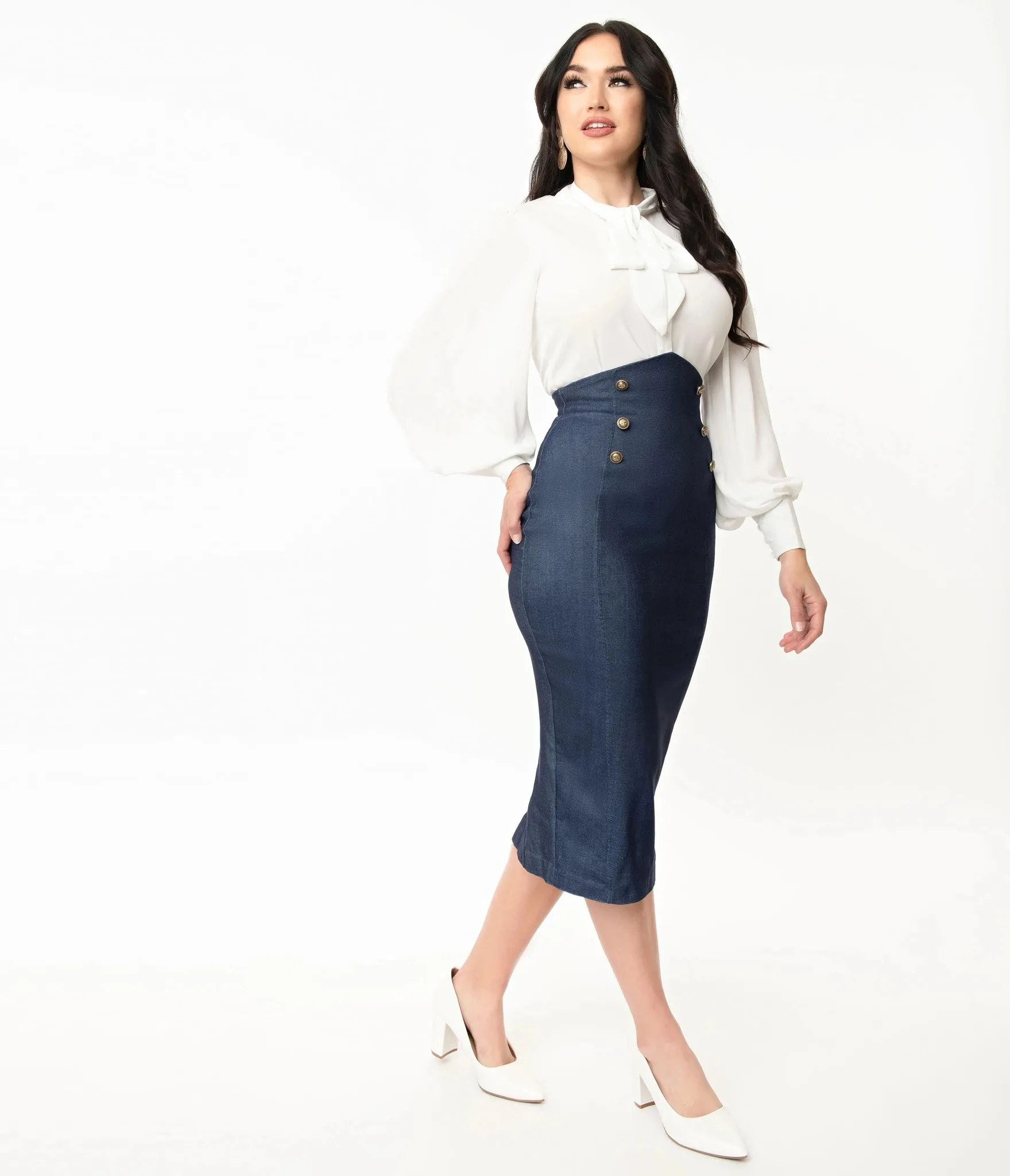 Sierra Denim Blue High Waist Sailor Pencil Skirt